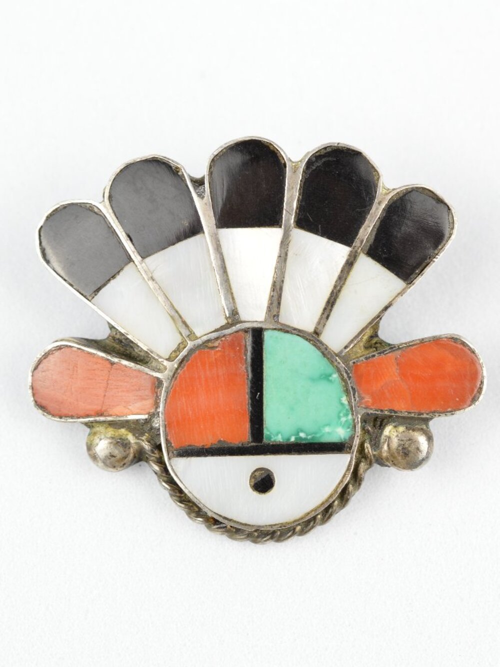 Vintage Zuni Sunface Brooch Pin Sterling Silver Multi Stone Mosaic Inlay 1.25"